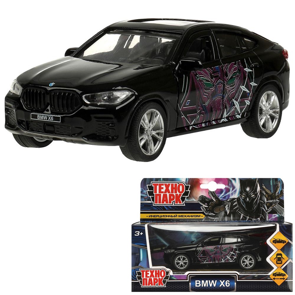 Модель X6-12-BP-BK BMW X6 черная пантера длина 12 см, двери, багаж, инерц, черн Технопарк  в кор.