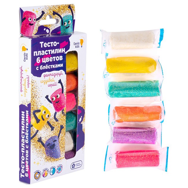 Набор ДТ Тесто-пластилин 6 цветов с блёстками ТА1091 /Genio Kids.